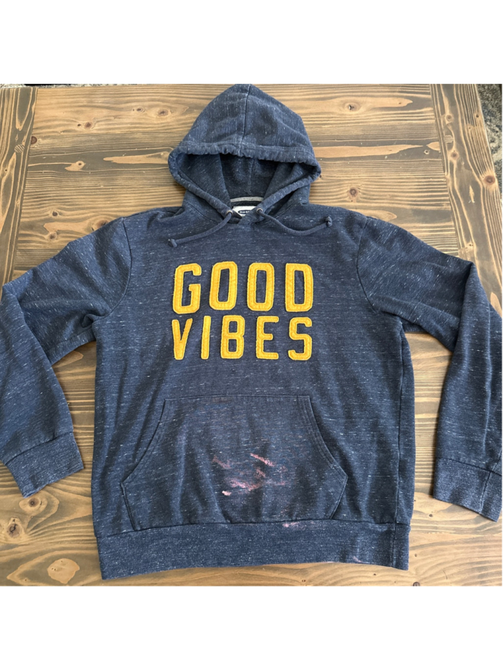 Womens Old Navy Good Vibes Hoodie Size M Blue Yellow Graphic Pullover Sweatshirt